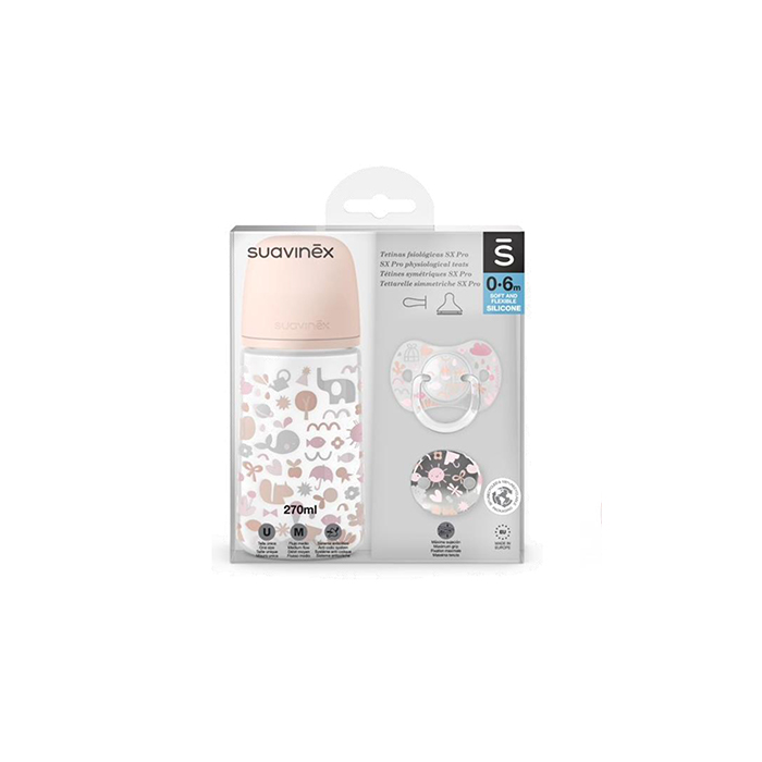 SUAVINEX Sada 270ml + dudlík fyziologický 0-6 m + klip Memories - Růžová