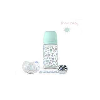 SUAVINEX Sada 270ml + dudlík fyziologický 0-6 m + klip Memories - Modrá