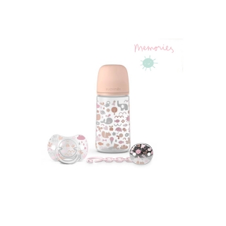 SUAVINEX Sada 270ml + dudlík fyziologický 0-6 m + klip Memories - Růžová